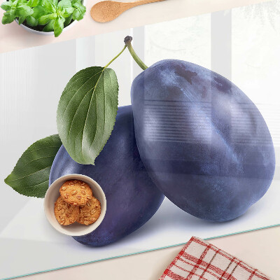 Schneidebrett mit Motiv von Pflaumen und Blättern