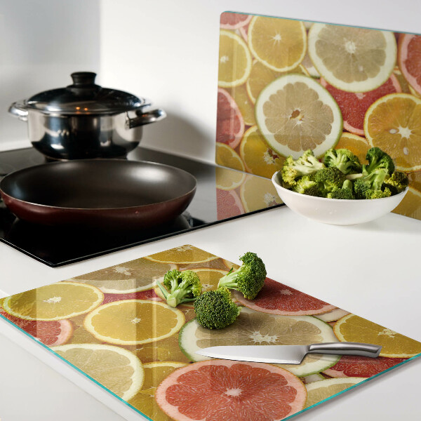 Schneidebrett Glas mit Motiv bunter Zitrusfrüchte