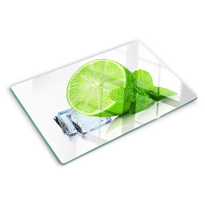 Schneidebrett mit Limetten‑ und Minzenmotiv sowie Eiswürfeln