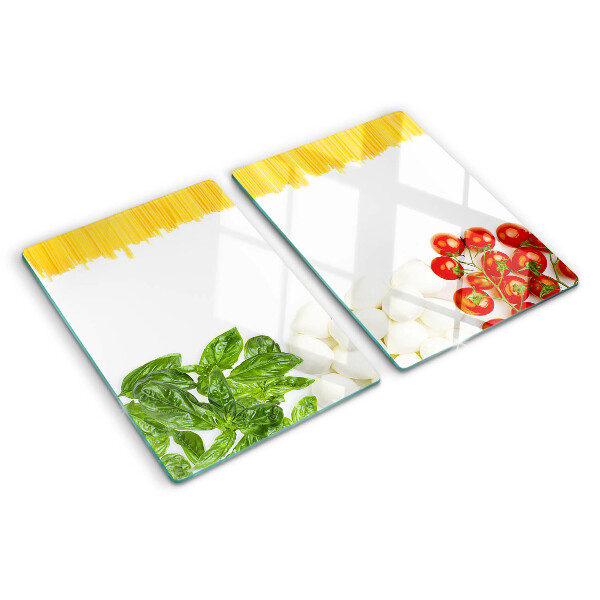 Glas Schneidebrett mit Pasta-Motiv mit Kräutern und Tomaten