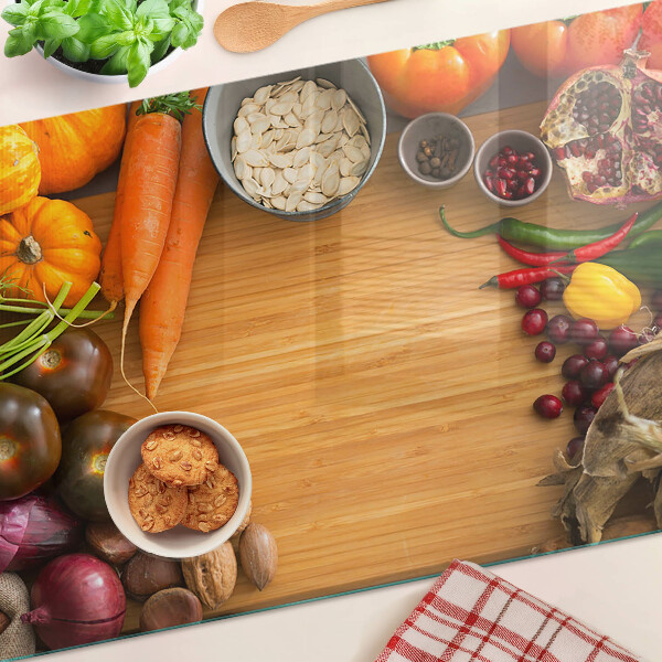 Glas-Schneidebrett mit Gemüse- und Obstmotiv