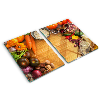 Glas-Schneidebrett mit Gemüse- und Obstmotiv