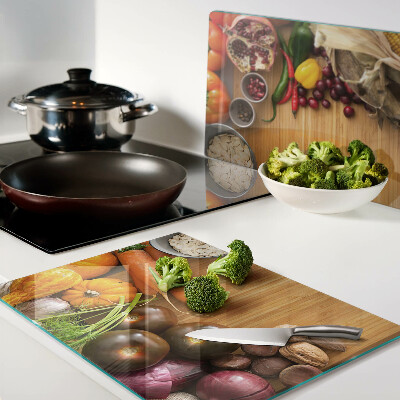 Glas-Schneidebrett mit Gemüse- und Obstmotiv