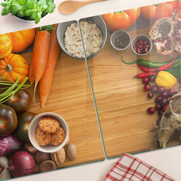 Glas-Schneidebrett mit Gemüse- und Obstmotiv