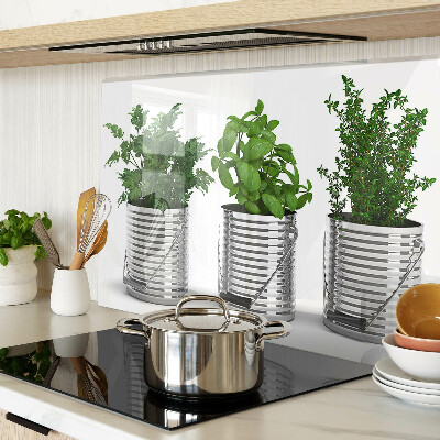 Schneidebrett mit Motiv von Pflanzen in Metalltöpfen