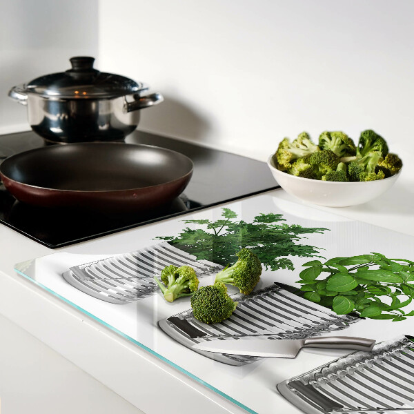 Schneidebrett mit Motiv von Pflanzen in Metalltöpfen