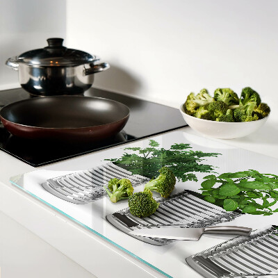 Schneidebrett mit Motiv von Pflanzen in Metalltöpfen