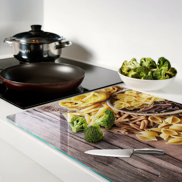 Schneidebrett Glas mit Pasta-Motiv und Holzelementen