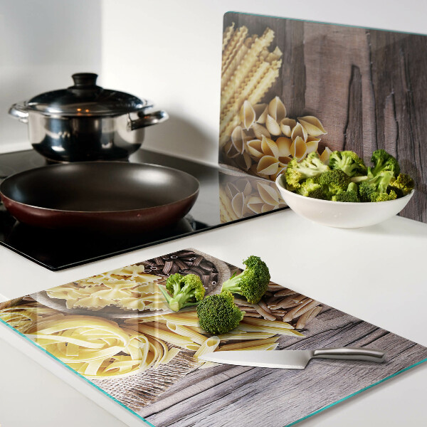 Schneidebrett Glas mit Pasta-Motiv und Holzelementen