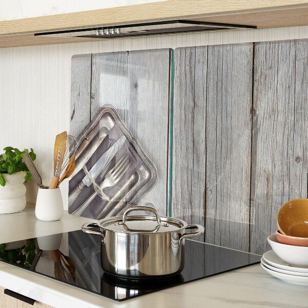 Glas schneidebrett Rustikales Besteck auf Holzgrund