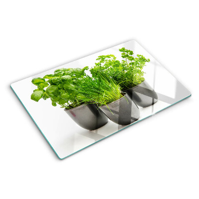 Glas Schneidebrett mit Motiv „Kräuter in Töpfen“