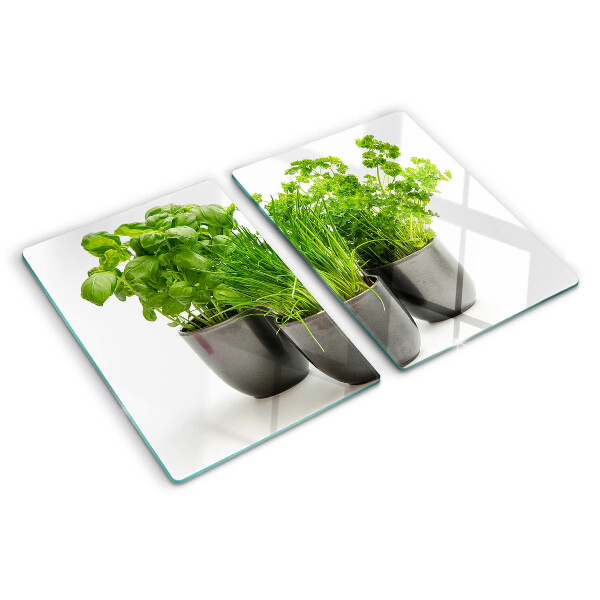 Glas schneidebrett Kräuter in Töpfen