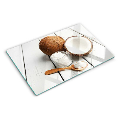 Schneidebrett mit Motiv aus Kokosnuss und Kokosnussprodukten