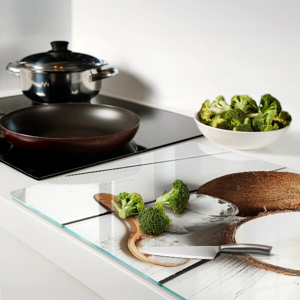 Schneidebrett mit Motiv aus Kokosnuss und Kokosnussprodukten