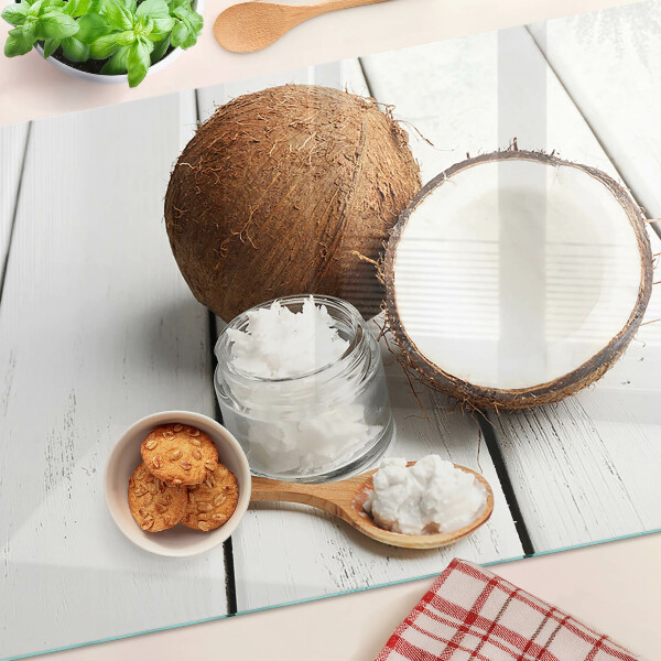 Schneidebrett Kokosnuss und Kokosnussprodukte