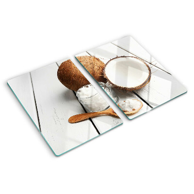 Schneidebrett mit Motiv aus Kokosnuss und Kokosnussprodukten