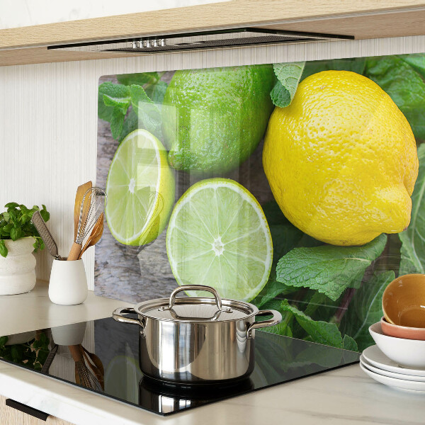 Schneidebrett Glas mit Motiv aus Zitronen und Limetten sowie Minze