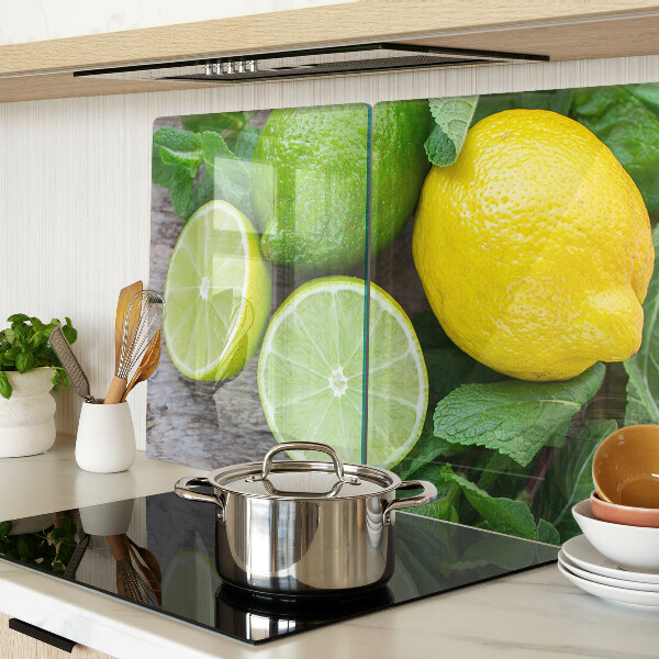 Schneidebrett Glas mit Motiv aus Zitronen und Limetten sowie Minze