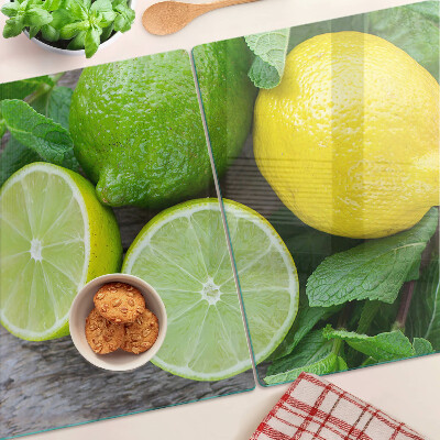 Schneidebrett Glas mit Motiv aus Zitronen und Limetten sowie Minze