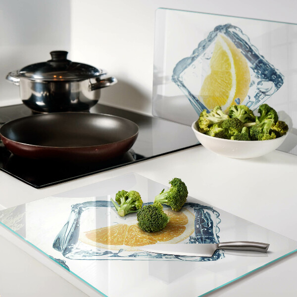 Glas-Schneidebrett mit Motiv „Früchte im Eis“