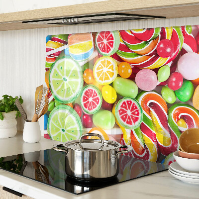 Glas-Schneidebrett mit Motiv aus Süßigkeiten und Früchten