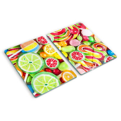 Glas-Schneidebrett mit Motiv aus Süßigkeiten und Früchten