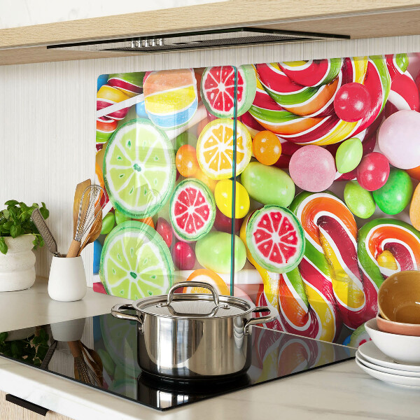 Glas-Schneidebrett mit Motiv aus Süßigkeiten und Früchten