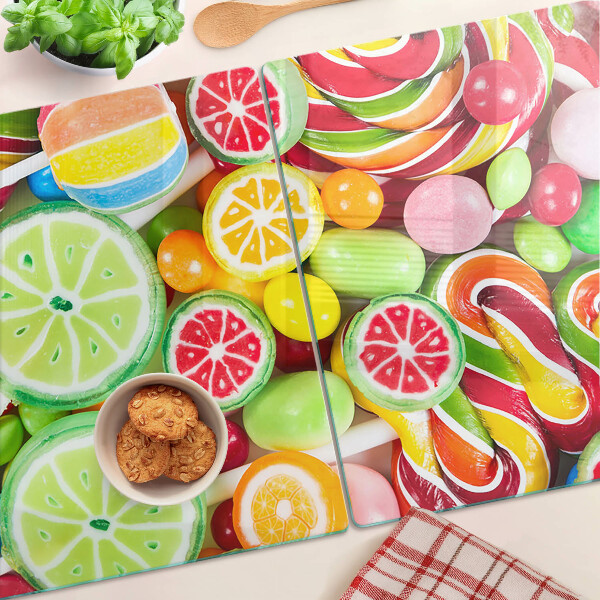 Glas-Schneidebrett mit Motiv aus Süßigkeiten und Früchten