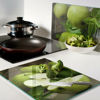 Schneidebrett Glas mit Motiv grüner Äpfel und Minze