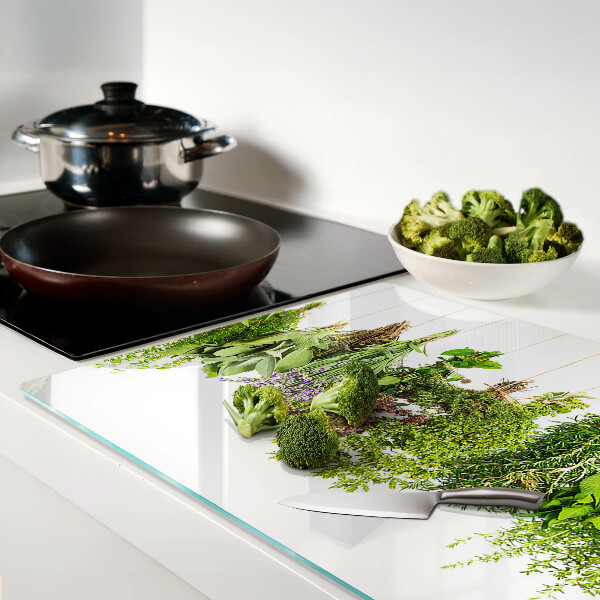 Glas Schneidebrett mit Motiv „Kräuter in Hängeampeln“