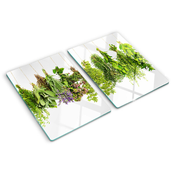 Glas Schneidebrett mit Motiv „Kräuter in Hängeampeln“