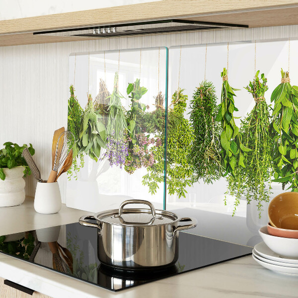 Glas Schneidebrett mit Motiv „Kräuter in Hängeampeln“