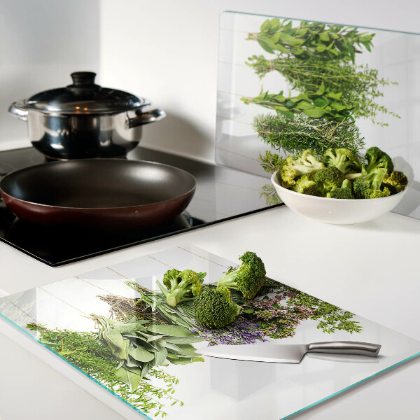 Glas Schneidebrett mit Motiv „Kräuter in Hängeampeln“