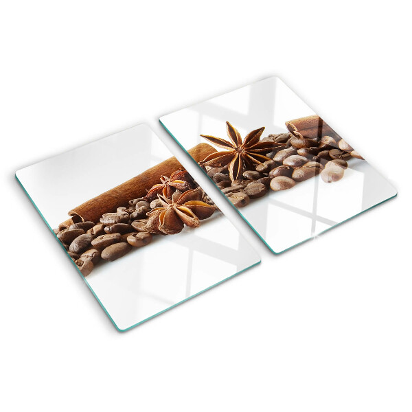 Glas schneidebrett mit Motiv aus Gewürzen und Kaffeebohnen
