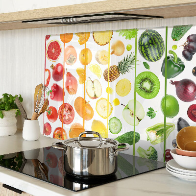 Schneidebrett Glas mit einem Motiv aus Obst und Gemüse in Regenbogenfarben