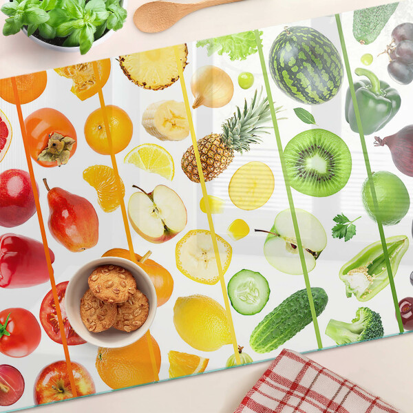 Schneidebrett glas Obst und Gemüse in Regenbogenfarben