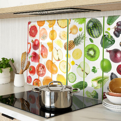 Schneidebrett Glas mit einem Motiv aus Obst und Gemüse in Regenbogenfarben