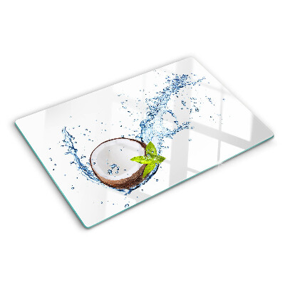 Glas schneidebrett Kokosnuss mit Wasser und Minze
