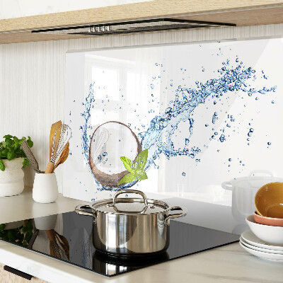 Glas Schneidebrett mit Kokosnussmotiv sowie Wasser- und Minzdekoration