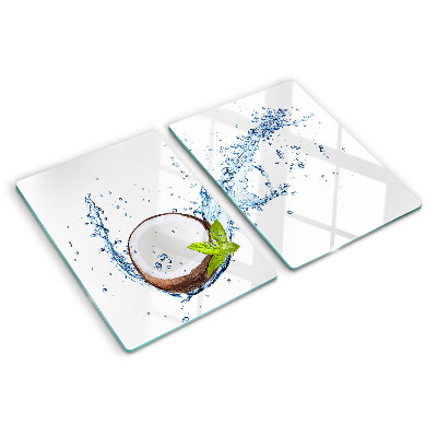 Glas Schneidebrett mit Kokosnussmotiv sowie Wasser- und Minzdekoration