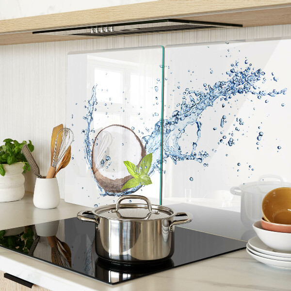 Glas Schneidebrett mit Kokosnussmotiv sowie Wasser- und Minzdekoration