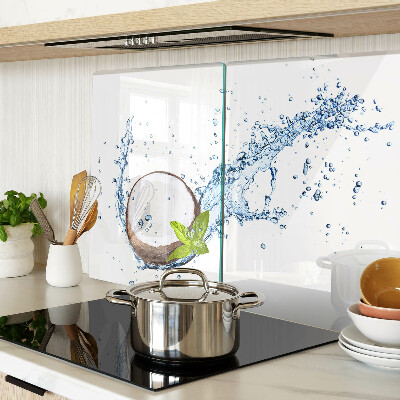 Glas Schneidebrett mit Kokosnussmotiv sowie Wasser- und Minzdekoration