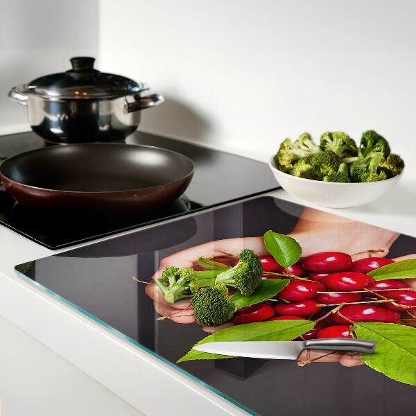 Schneidebrett Glas mit rotem Kirschenmotiv