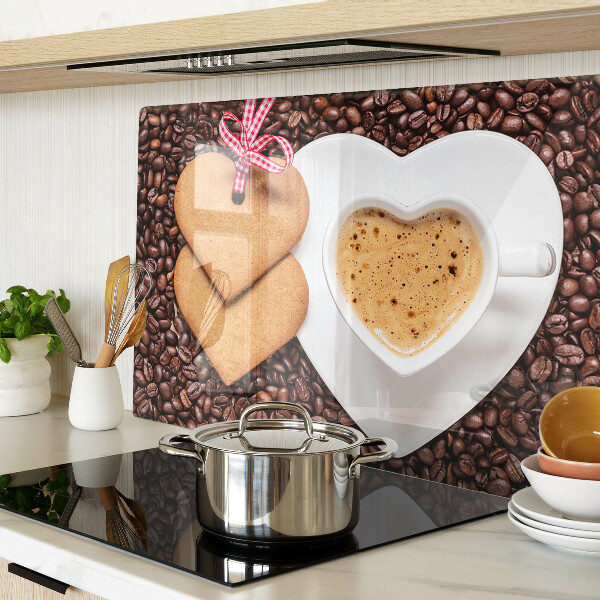 Schneidebrett Glas mit Kaffee‑Motiv in Herzform und Keks-Illustration