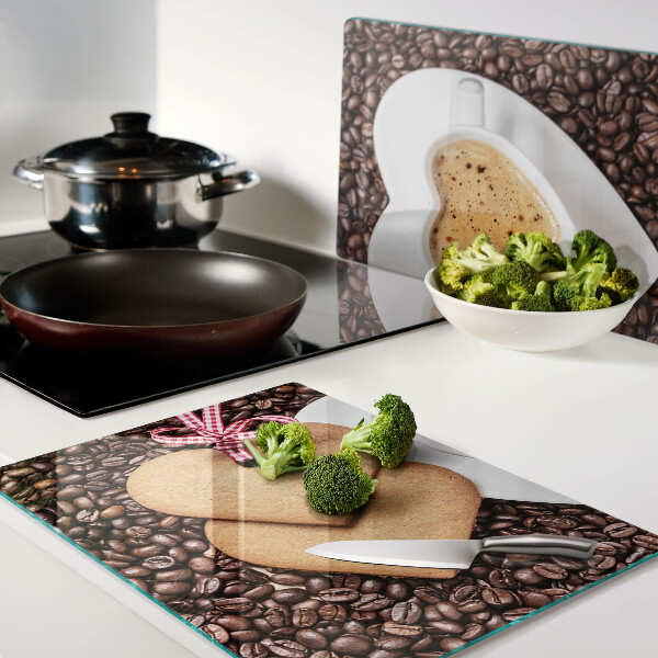 Schneidebrett Glas mit Kaffee‑Motiv in Herzform und Keks-Illustration