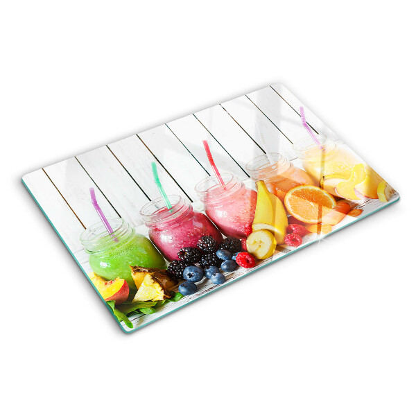 Glas-Schneidebrett mit Fruchtcocktail-Motiv und farbigen Akzenten