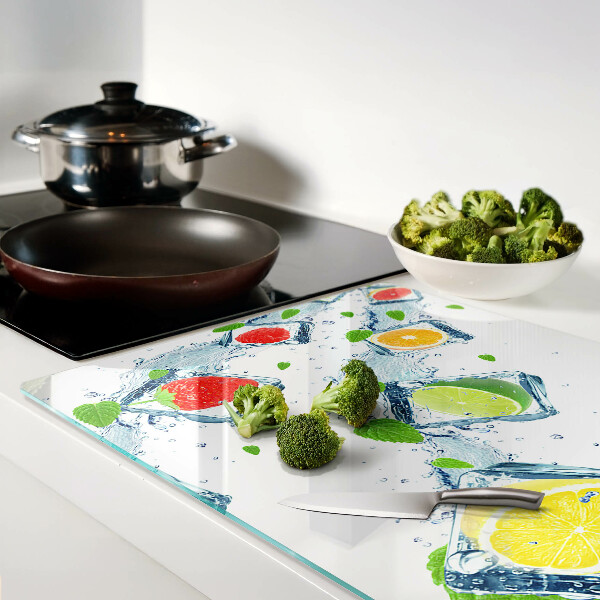 Glas-Schneidebrett mit Fruchtmotiv aus bunten Scheiben