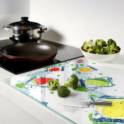 Glas-Schneidebrett mit Fruchtmotiv aus bunten Scheiben