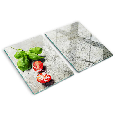 Schneidebrett Glas mit Motiv Tomaten, Basilikum und Salz