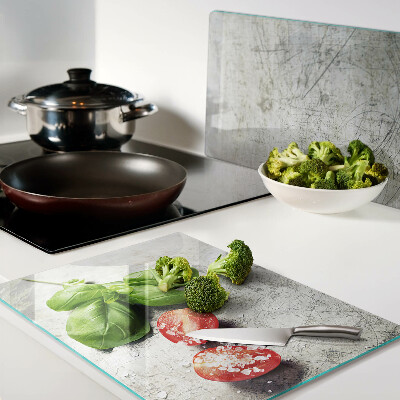 Schneidebrett Glas mit Motiv Tomaten, Basilikum und Salz